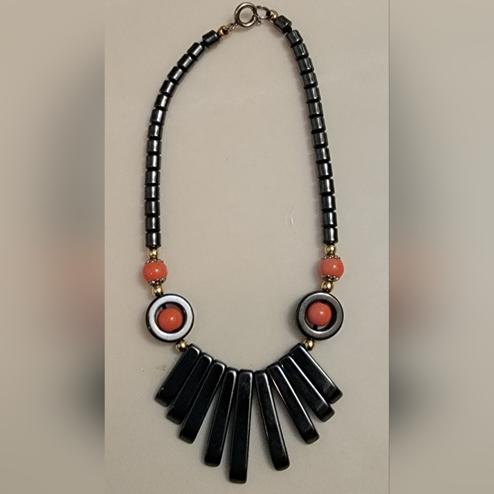 Like New Bracelet Black Hematite & Stone Coral Beads